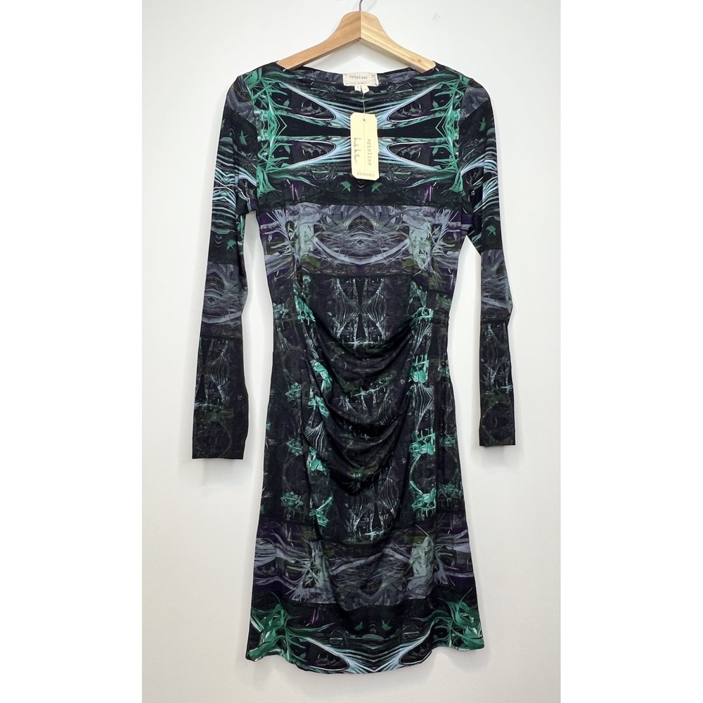 Nicole Miller Artelier Dress Large Black Green Geometric Graphic Bodycon Ruched